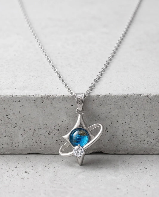 Silver Cosmic Four-Point Star Planet Ring Pendant Necklace