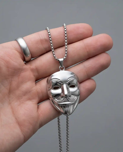 Guy Fawkes Masquerade Mask Pendant Silver Box Chain Necklace