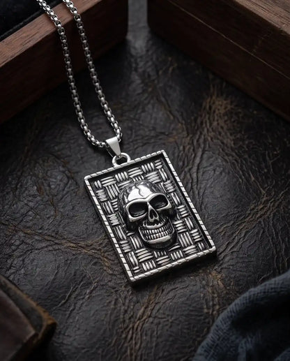 Gothic Skull Basketweave Tag Silver Box Chain Necklace