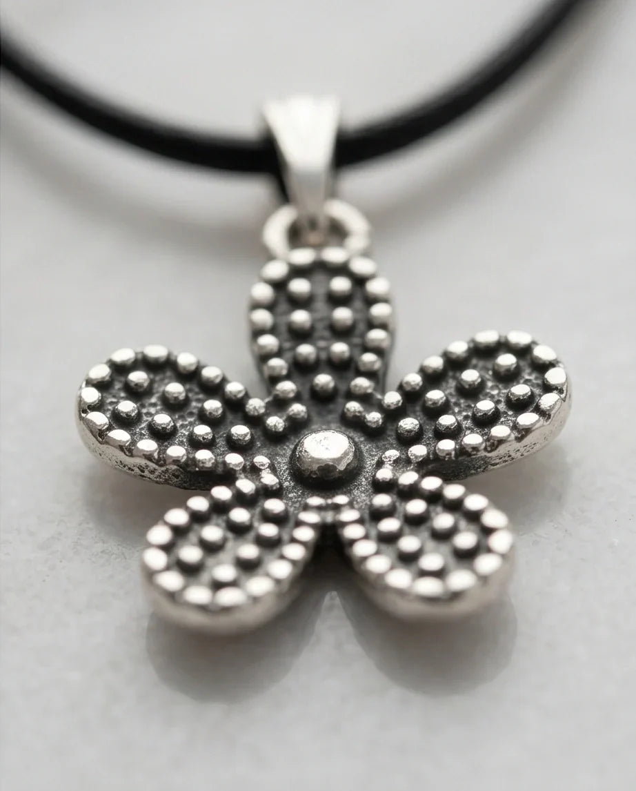 Silver Beaded Textured Flower Necklace