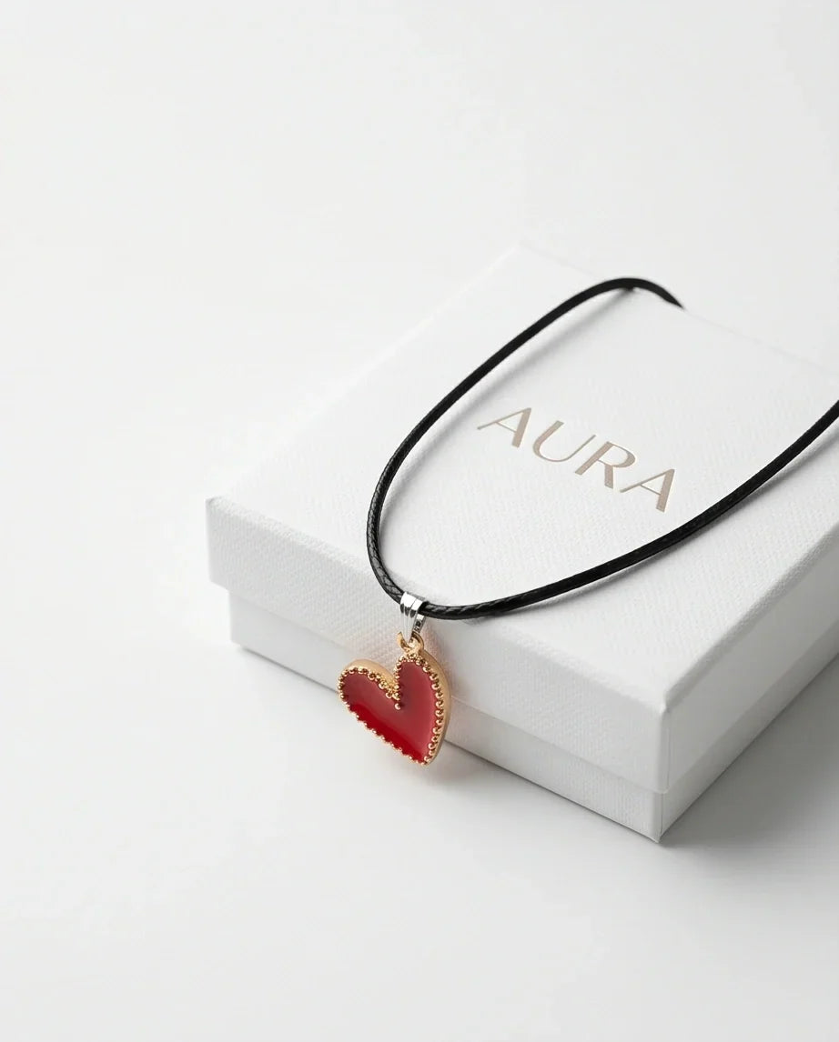 Gold and Textured Red Heart Necklace