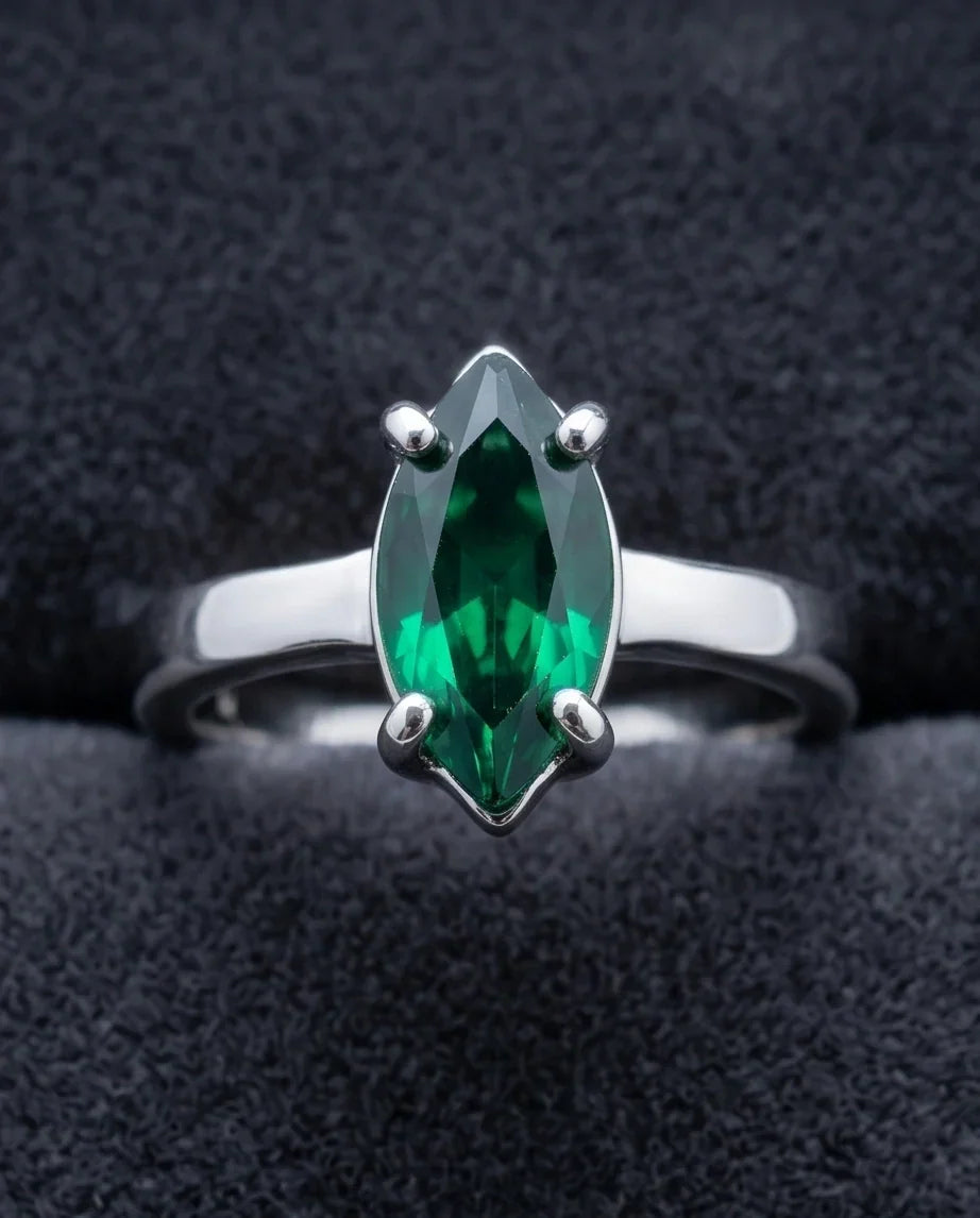 Sterling Silver Marquise-Cut Green Emerald Solitaire Ring