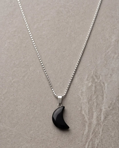Silver Black Obsidian Crescent Moon Pendant Necklace