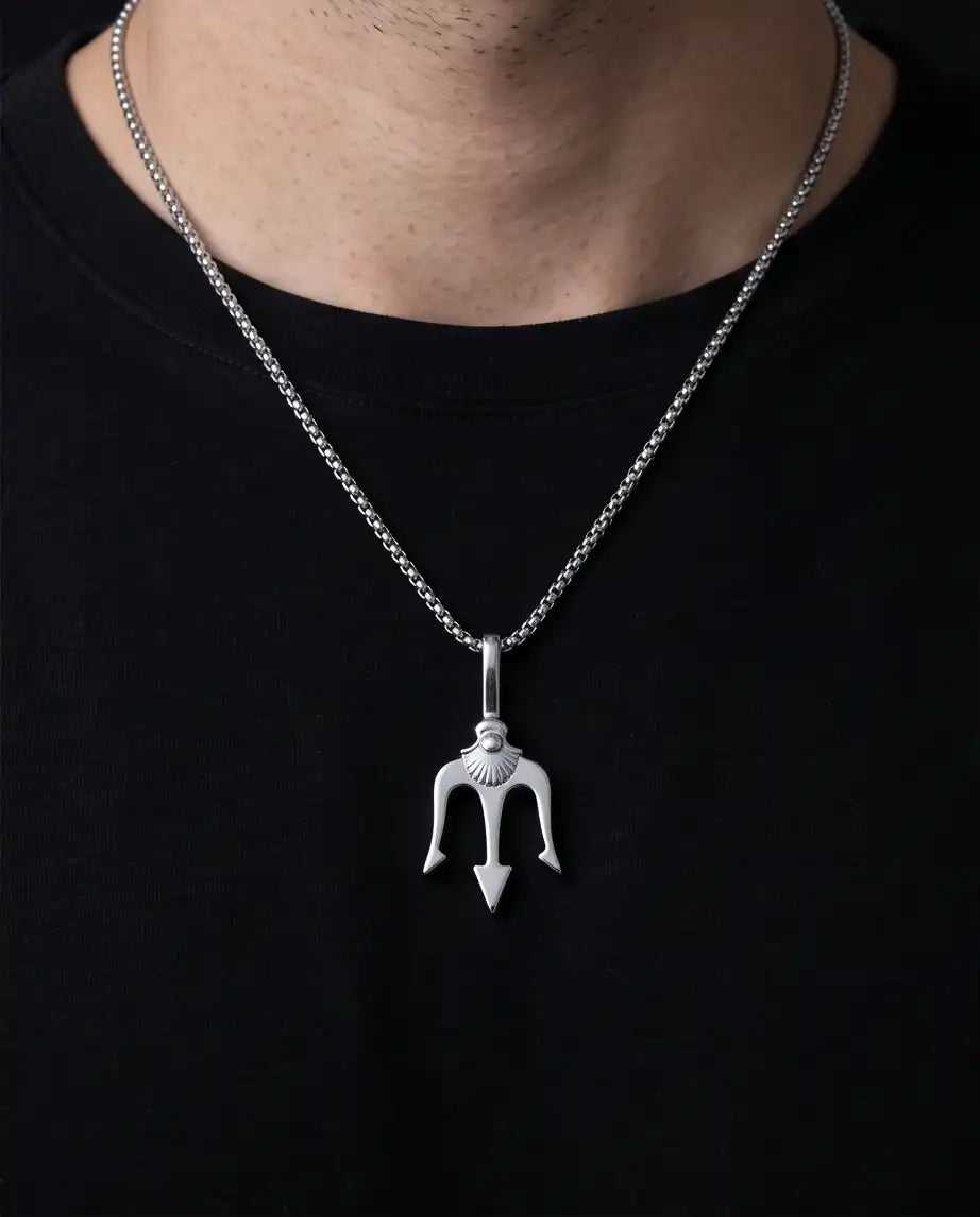 Trident Spear Pendant Silver Box Chain Necklace