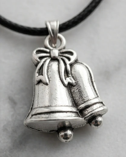Silver Double Bells Ribbon Pendant Necklace