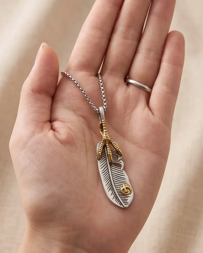 Two-Tone Eagle Claw Feather Pendant Silver Box Chain Necklace