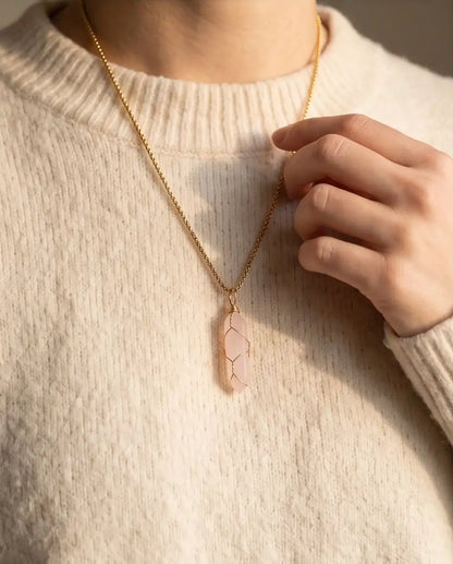 Wire-Wrapped Soft Pink Quartz Crystal Point Pendant Bead Chain