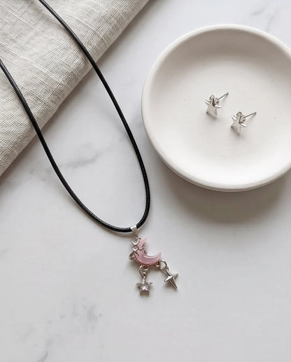 Celestial Pink Moon & Dangle Stars Necklace