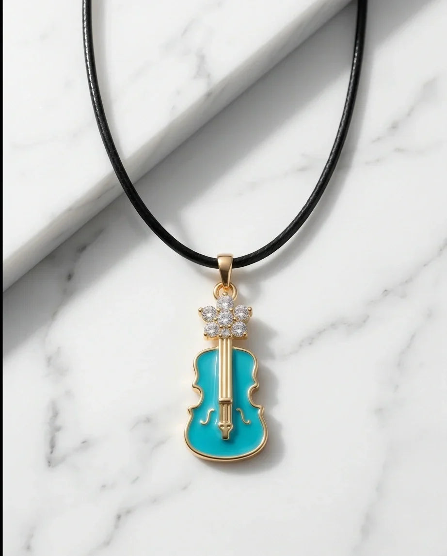 Gold and Turquoise Enamel Violin Necklace