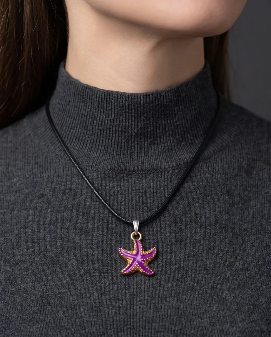 Textured Purple Starfish Enamel Pendant Necklace