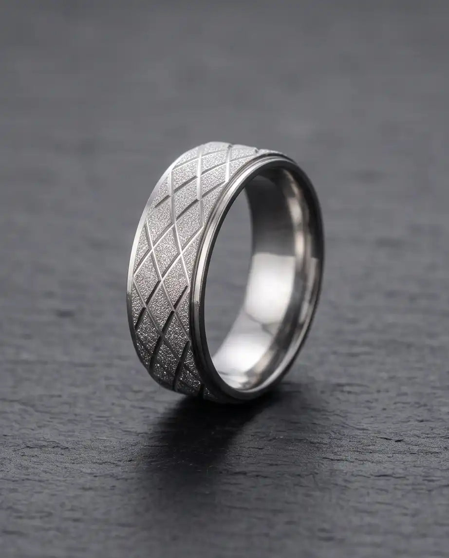 Silver Diamond Texture Grid Band Ring