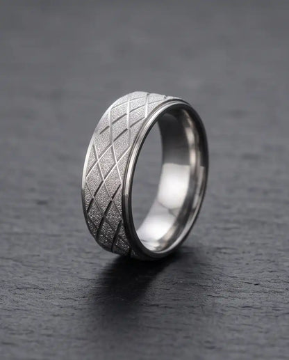 Silver Diamond Texture Grid Band Ring