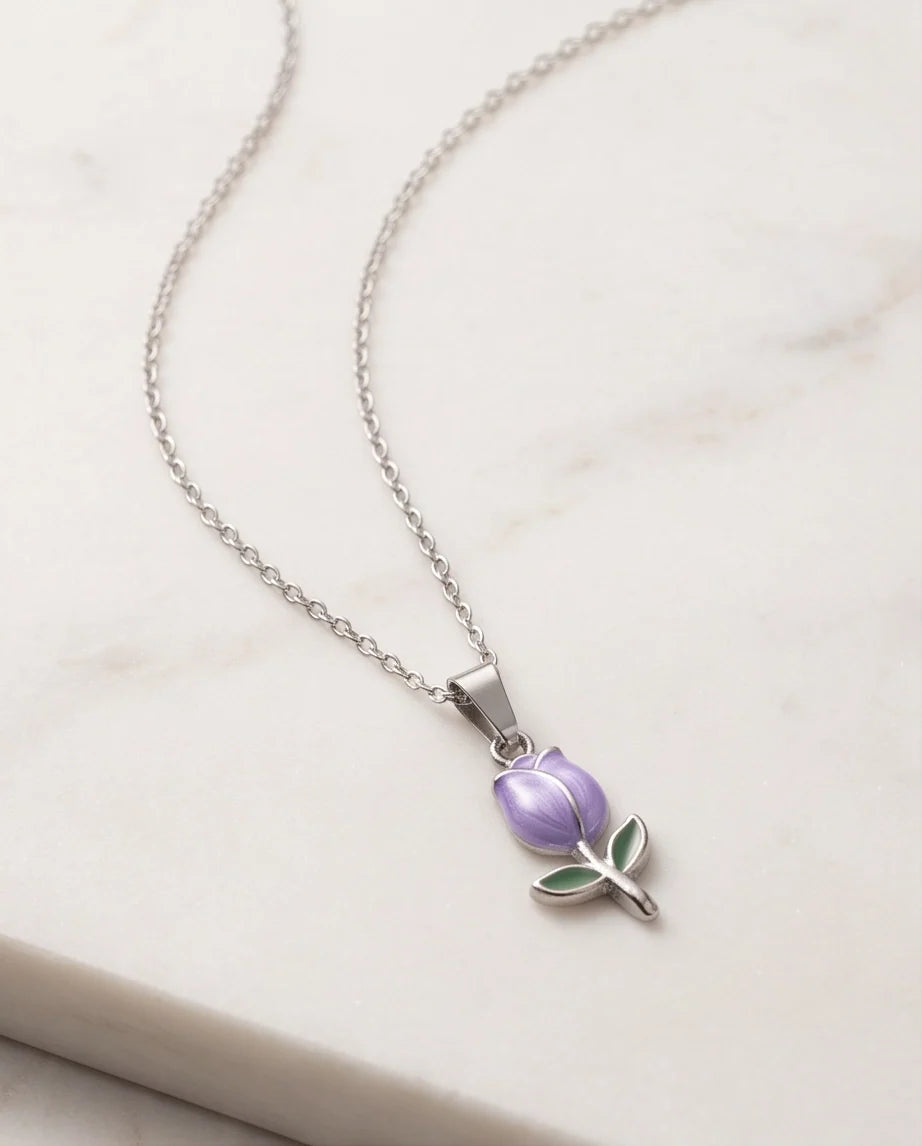 Silver Purple Enamel Tulip Pendant Necklace