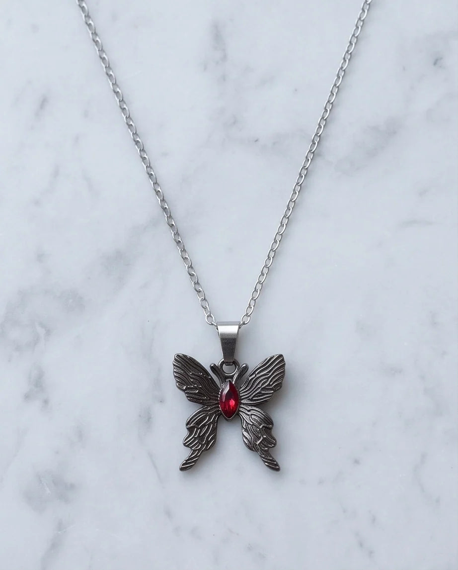 Black Textured Butterfly Red Gem Pendant Necklace