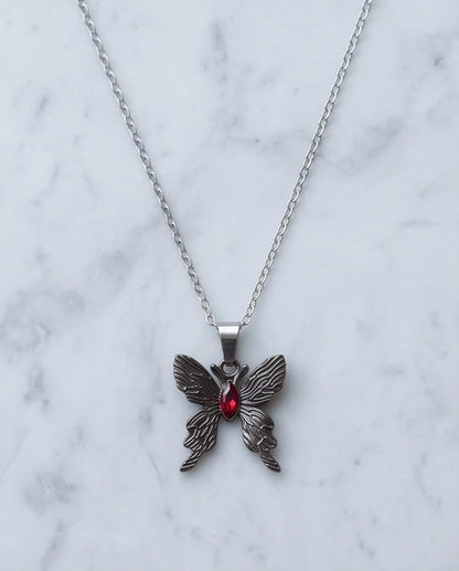 Black Textured Butterfly Red Gem Pendant Necklace