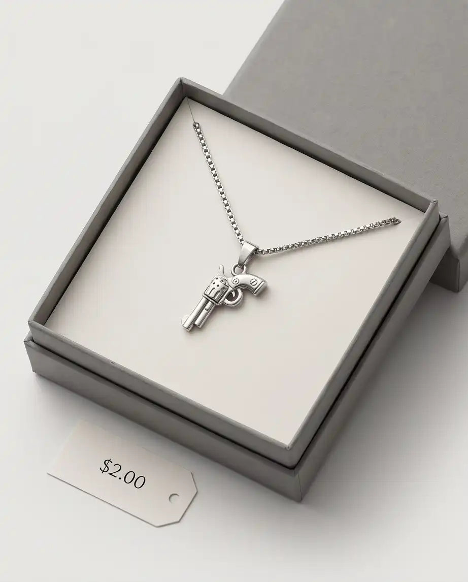Vintage Revolver Handgun Weapon Pendant Box Chain