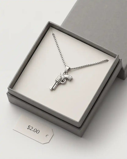 Vintage Revolver Handgun Weapon Pendant Box Chain