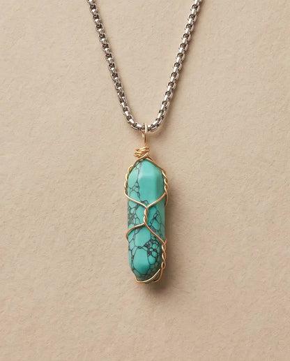 Wire-Wrapped Turquoise Howlite Crystal Point Pendant Box Chain
