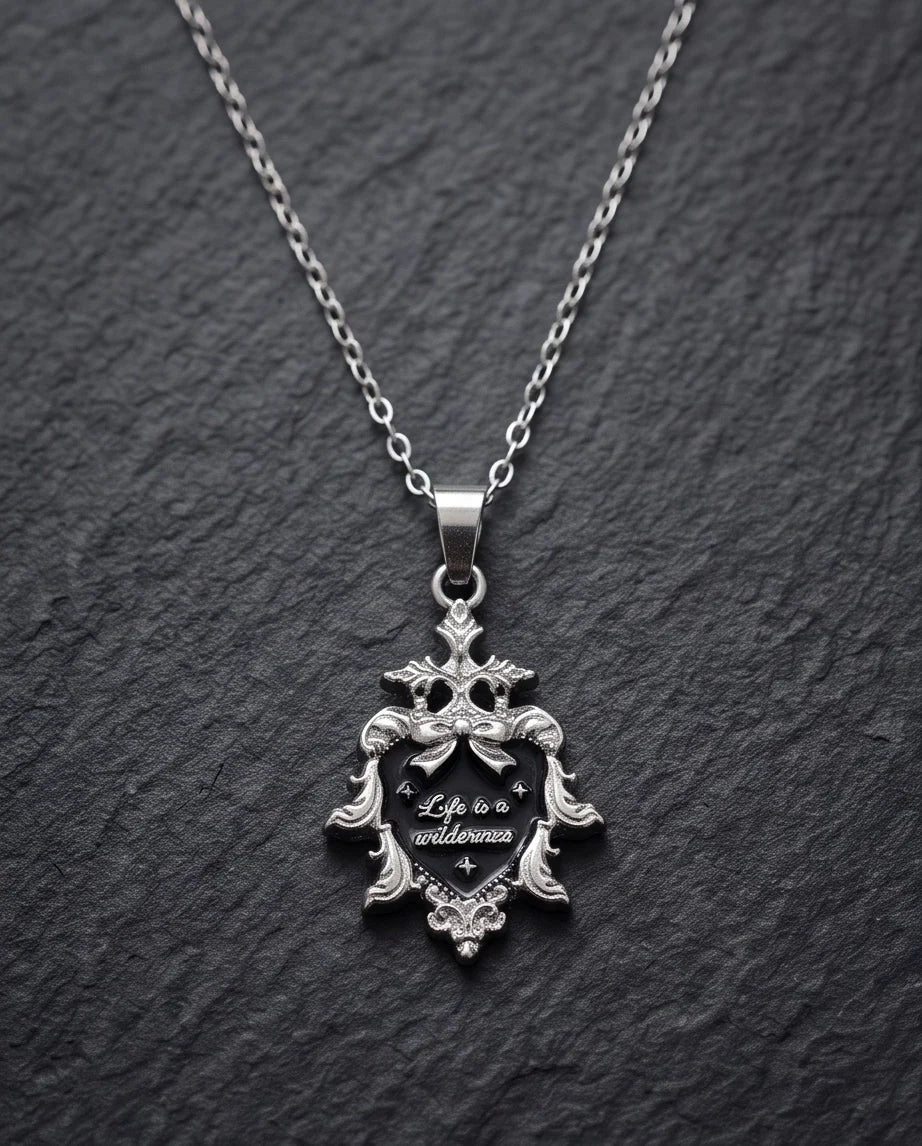 Silver Vintage Heart Engraved Black Enamel Pendant Necklace