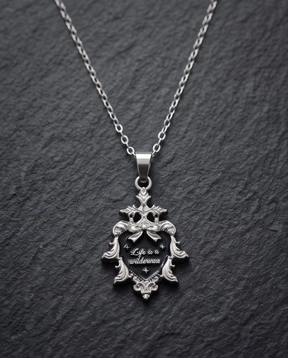 Silver Vintage Heart Engraved Black Enamel Pendant Necklace
