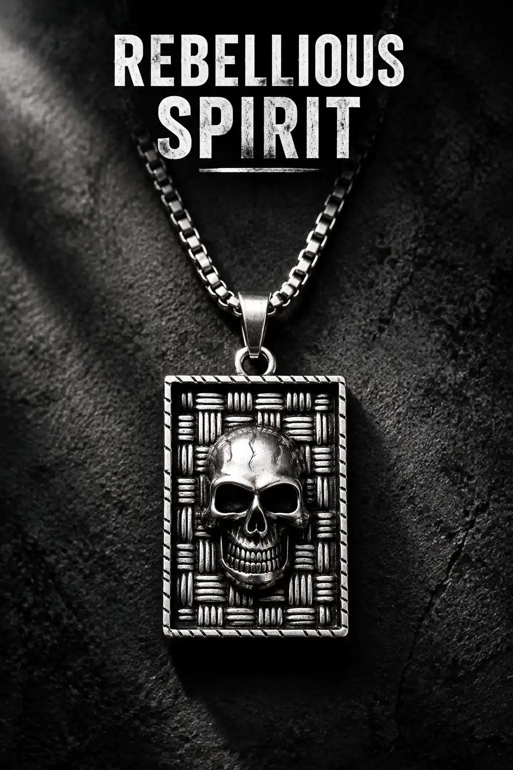Gothic Skull Basketweave Tag Silver Box Chain Necklace
