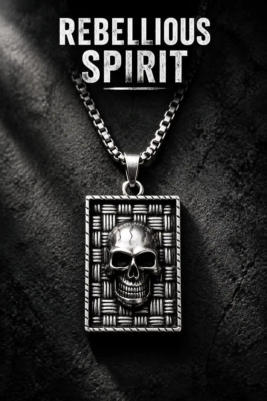 Gothic Skull Basketweave Tag Silver Box Chain Necklace
