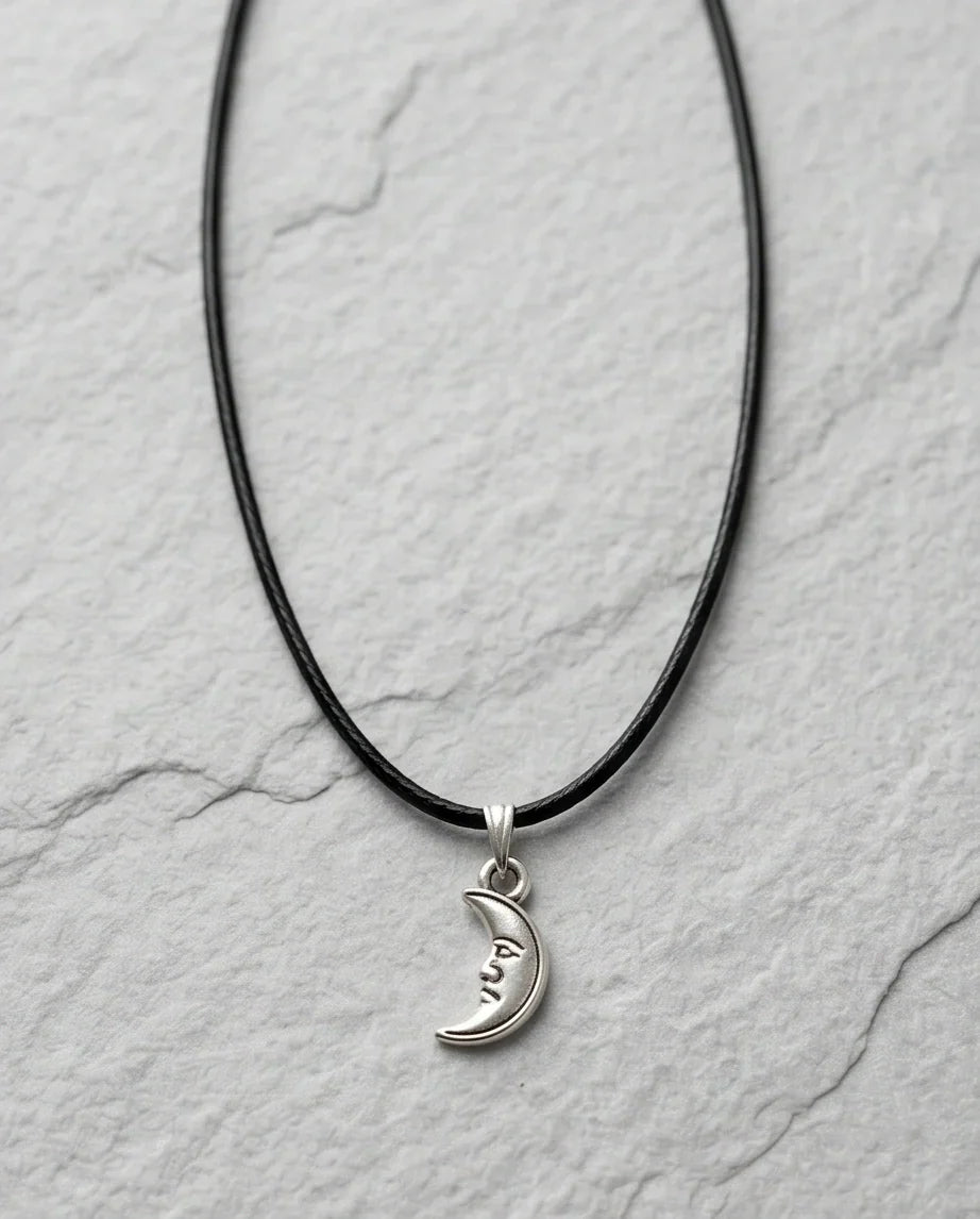 Silver Vintage Crescent Moon Face Necklace