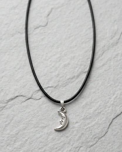 Silver Vintage Crescent Moon Face Necklace