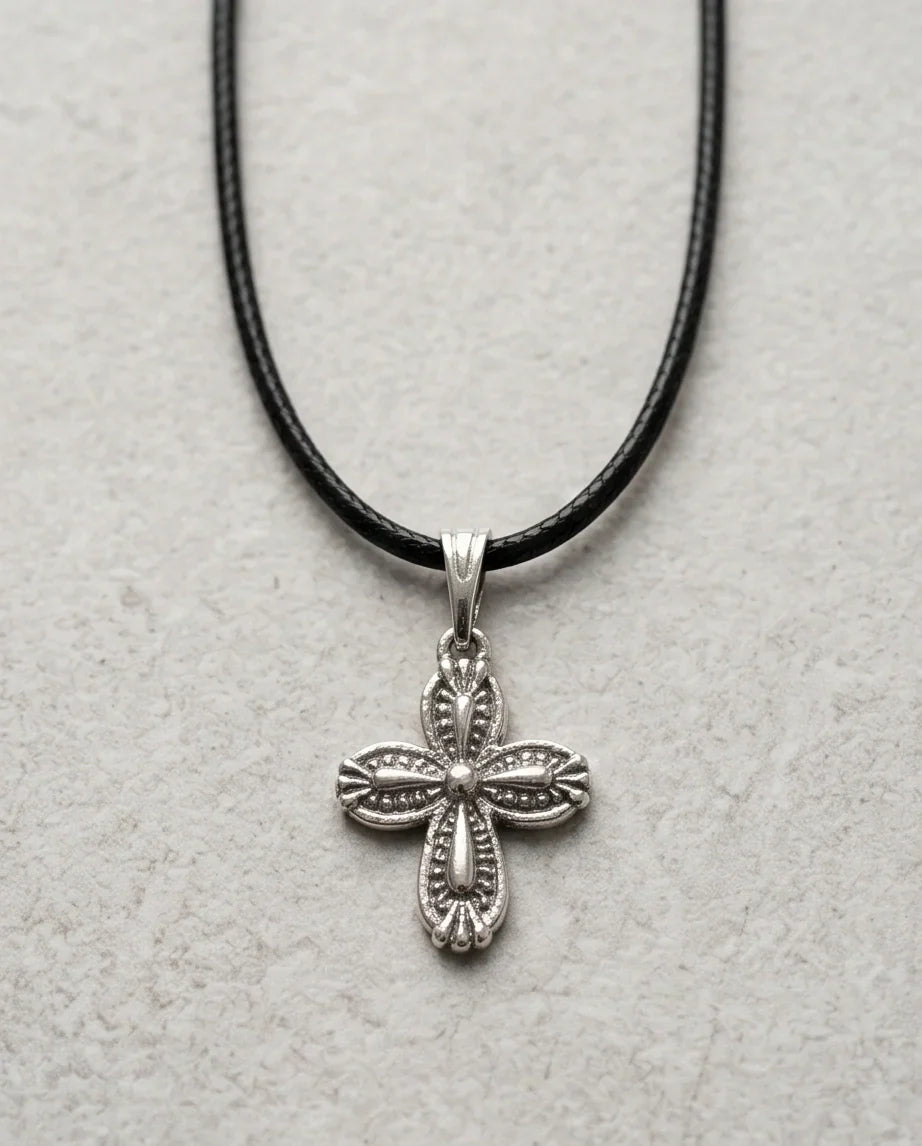 Silver Textured Petal Cross Necklace