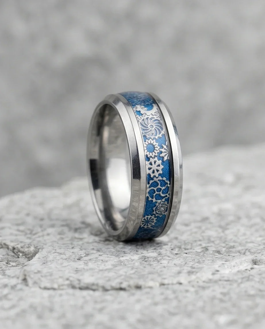 Industrial Steampunk Blue Gear Band Ring