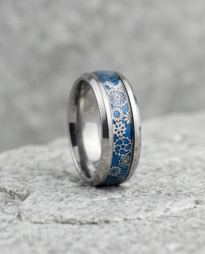 Industrial Steampunk Blue Gear Band Ring