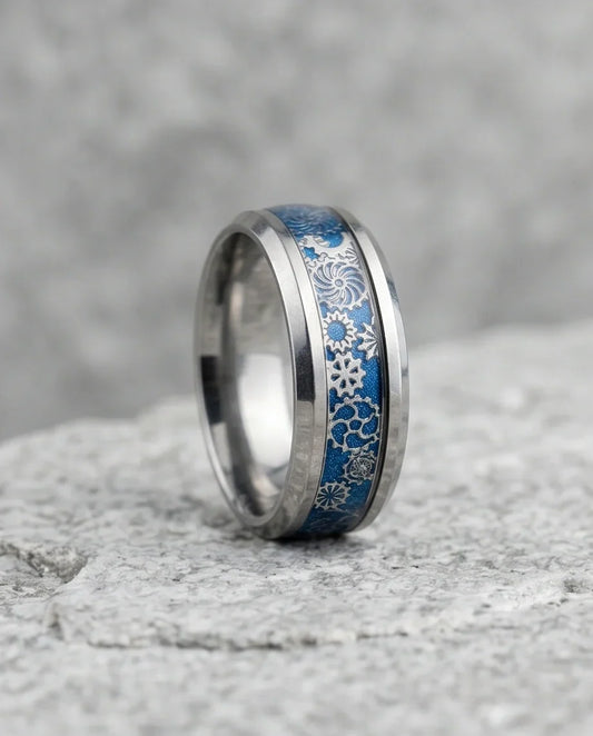Industrial Steampunk Blue Gear Band Ring