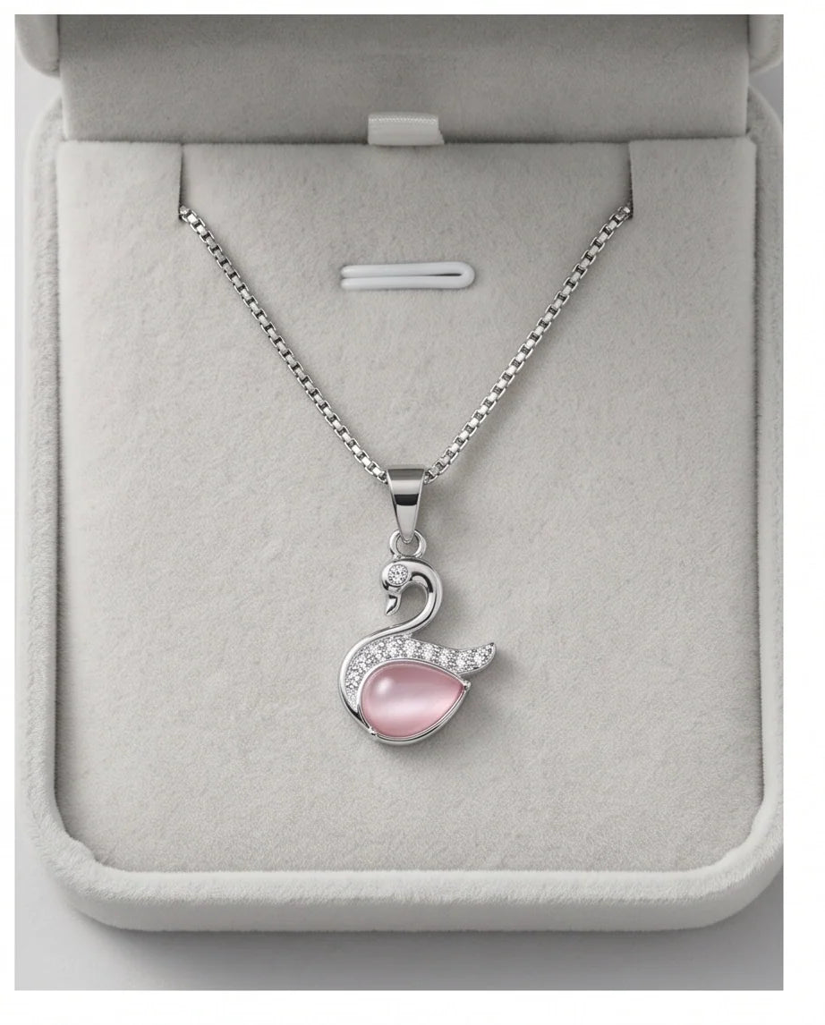 Silver Pink Crystal Swan Pendant Necklace