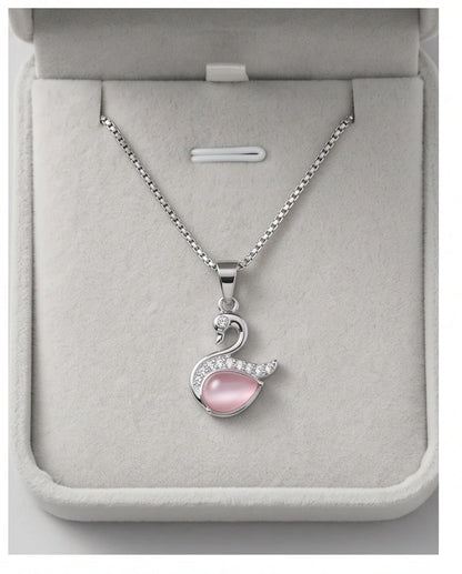 Silver Pink Crystal Swan Pendant Necklace