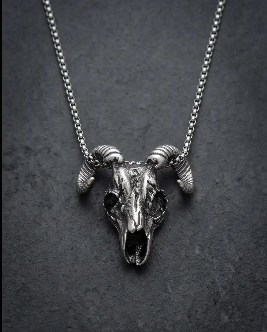 Gothic Ram Skull Pendant Silver Box Chain Necklace