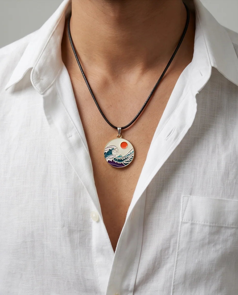 Great Wave & Sun Medallion Pendant Necklace
