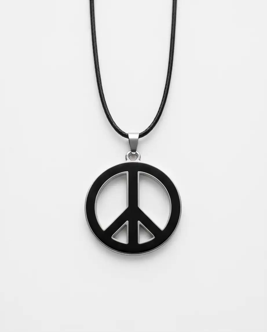 Black Enamel Peace Symbol Medallion Silver Box Chain Necklace
