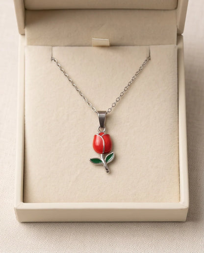 Silver Red Enamel Tulip Pendant Necklace