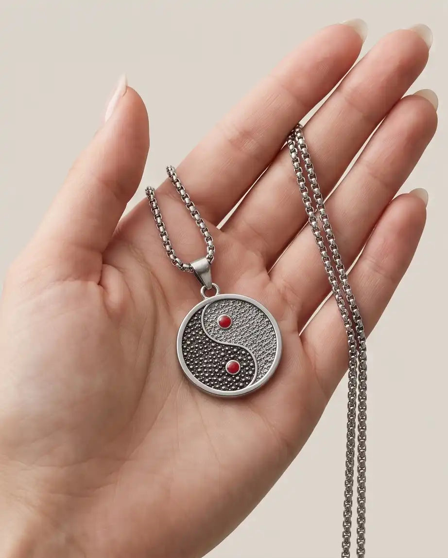 Red Gemstone Stippled Yin Yang Medallion Silver Box Chain Necklace