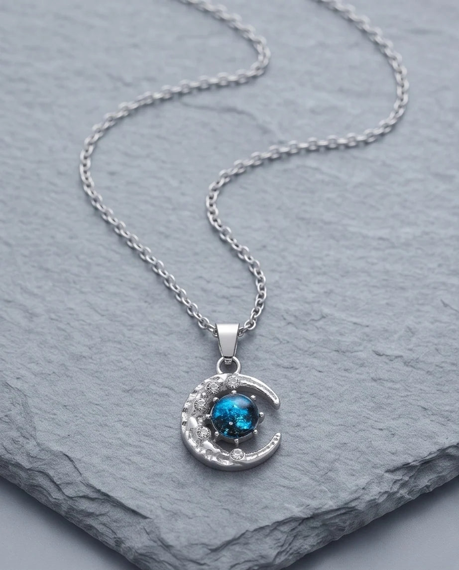 Silver Hammered Crescent Moon Galaxy Stone Pendant Necklace