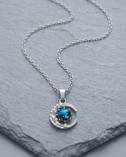 Silver Hammered Crescent Moon Galaxy Stone Pendant Necklace