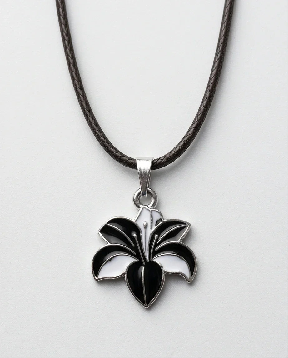 Bold Black and White Lily Enamel Pendant Necklace
