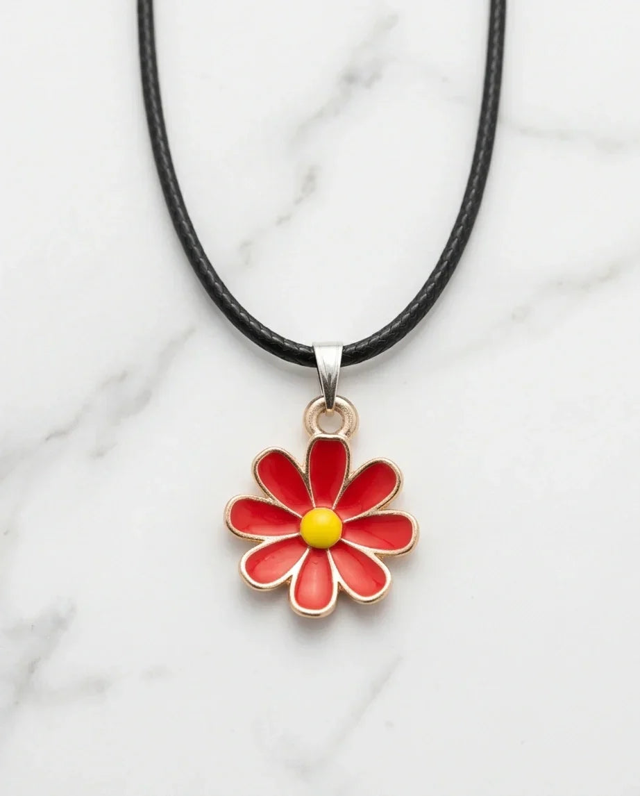 Gold and Red Daisy Pendant Necklace