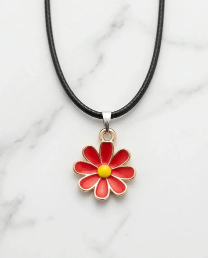Gold and Red Daisy Pendant Necklace