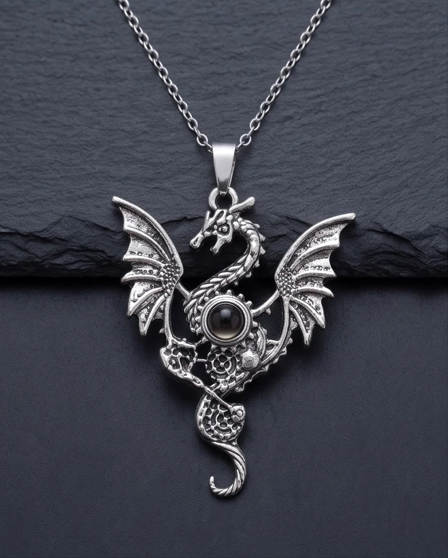 Silver Black Gemstone Dragon Pendant Necklace