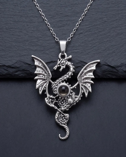 Silver Black Gemstone Dragon Pendant Necklace