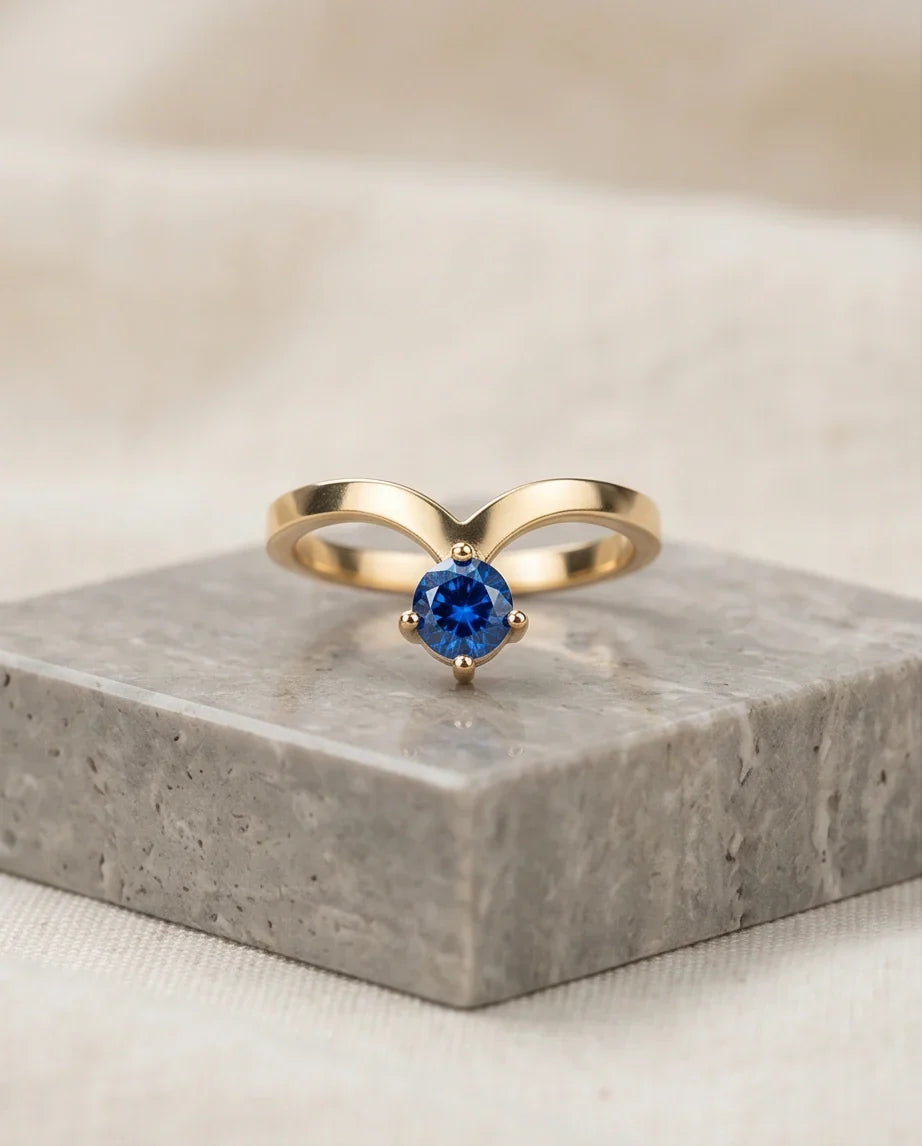 Gold Plated Blue Sapphire Droplet Chevron Ring