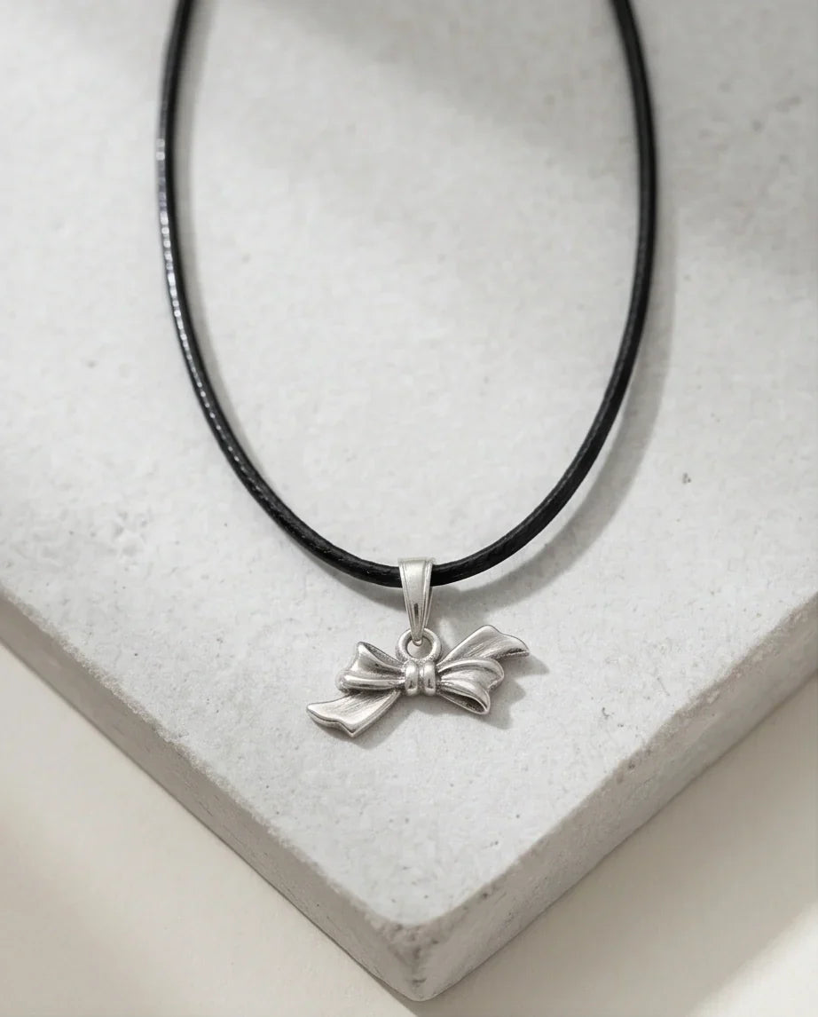 Silver Retro Ribbon Bow Necklace