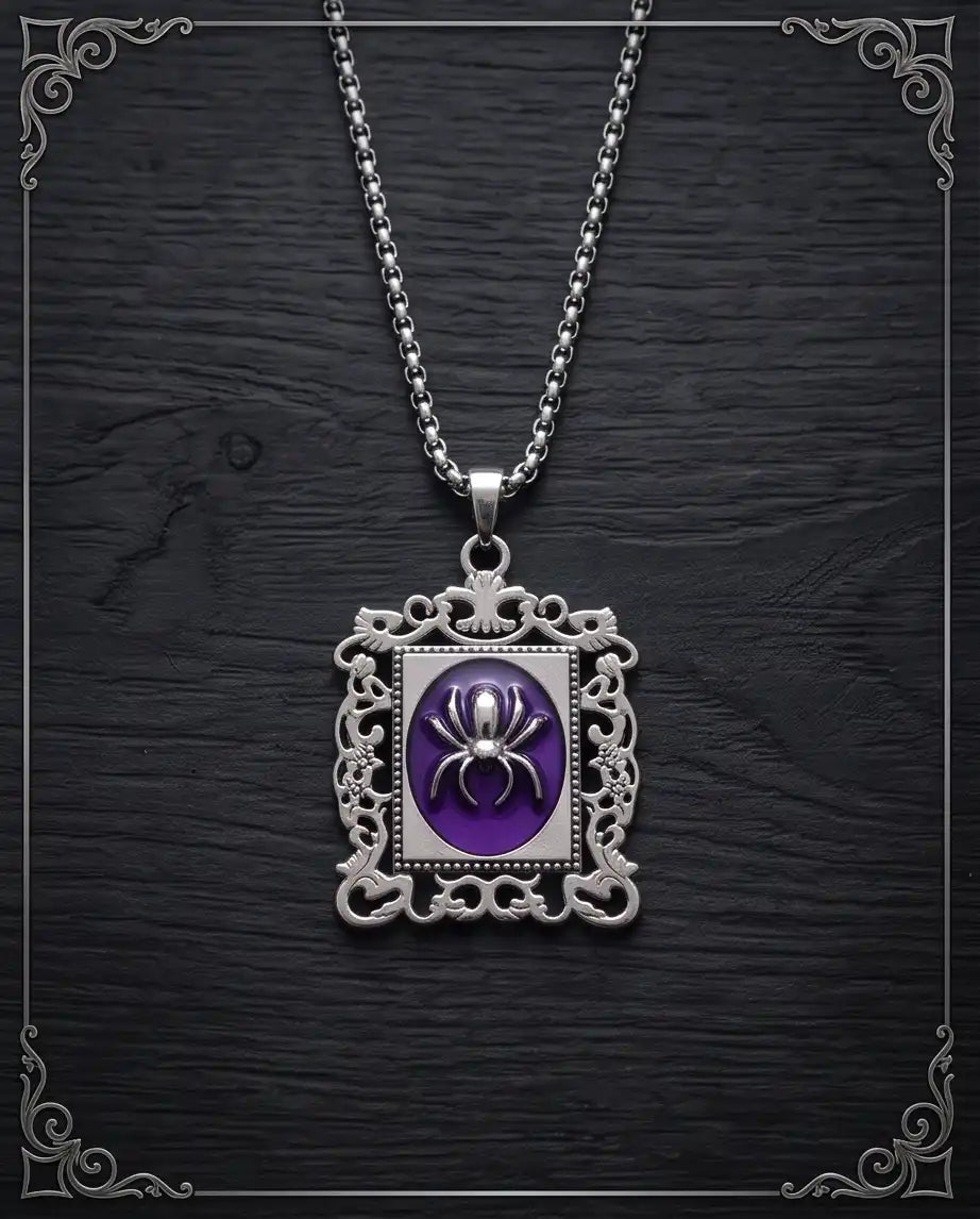 Gothic Purple Enamel Spider Filigree Pendant Box Chain