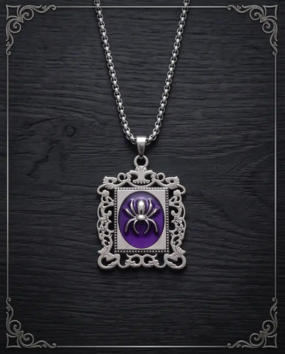 Gothic Purple Enamel Spider Filigree Pendant Box Chain